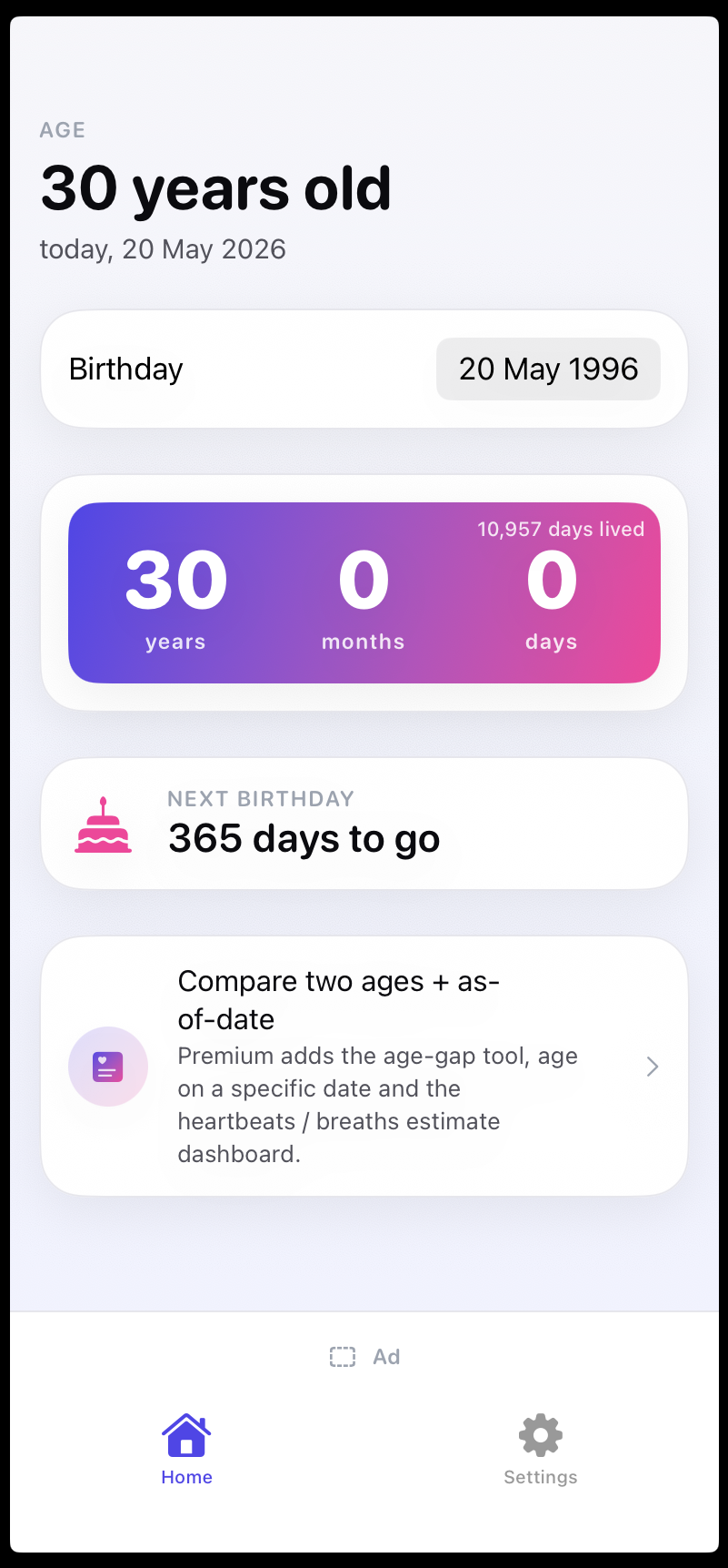 Age Calc — home screen