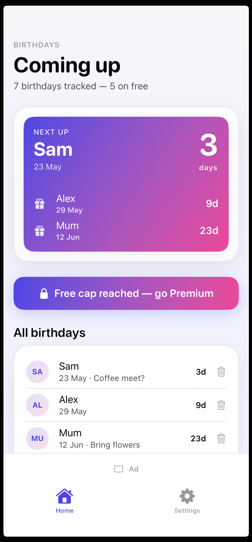 Birthday List — home screen