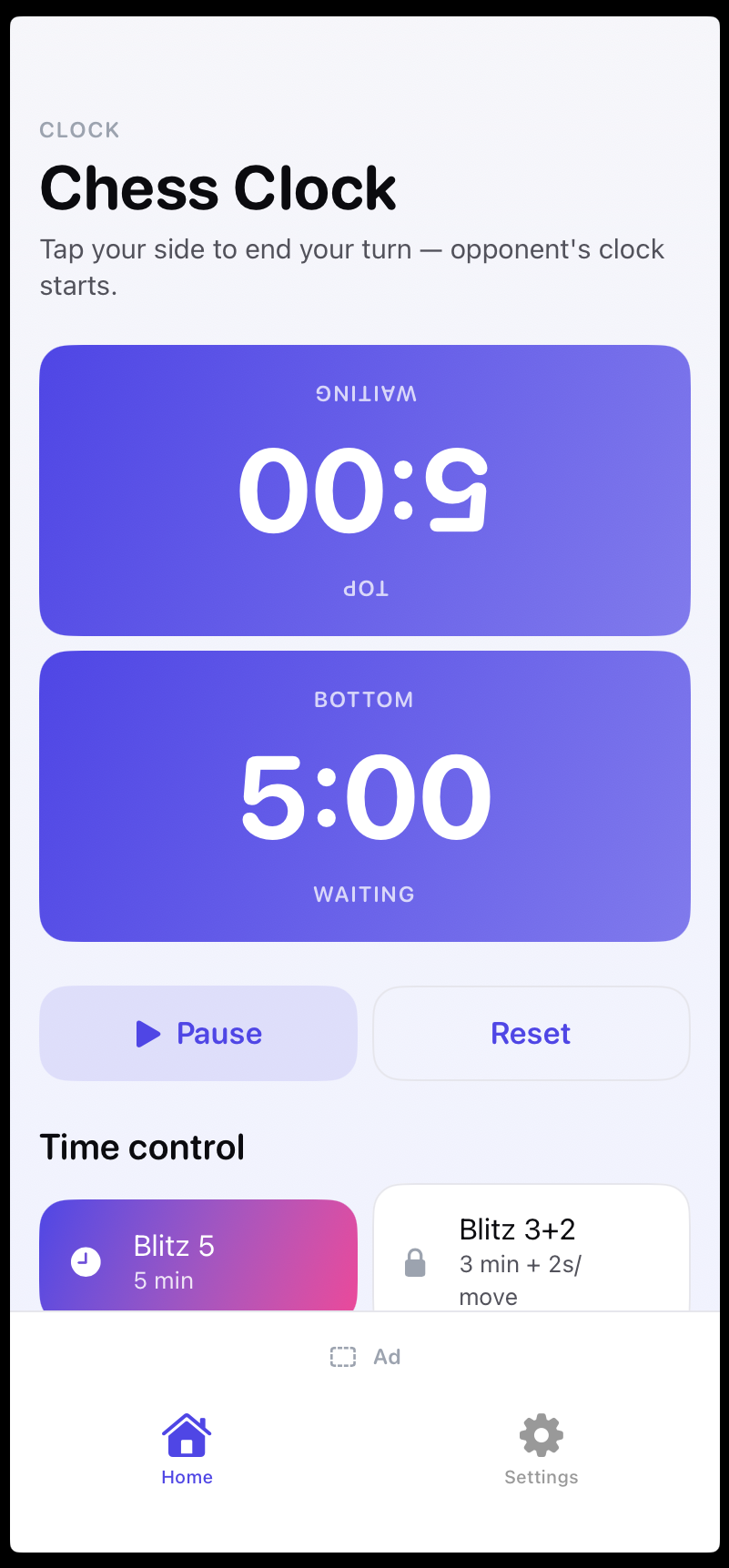 Chess Clock — home screen