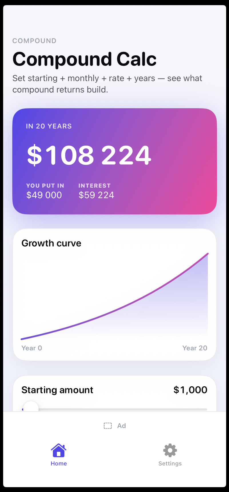 Compound Calc — home screen