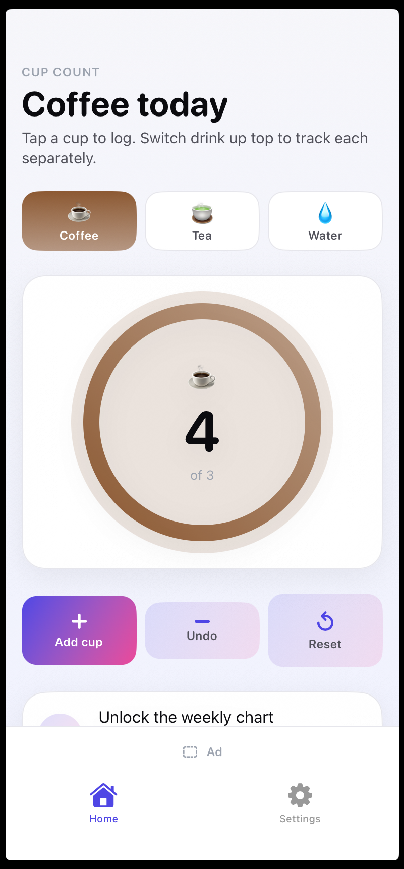 Cup Count — home screen