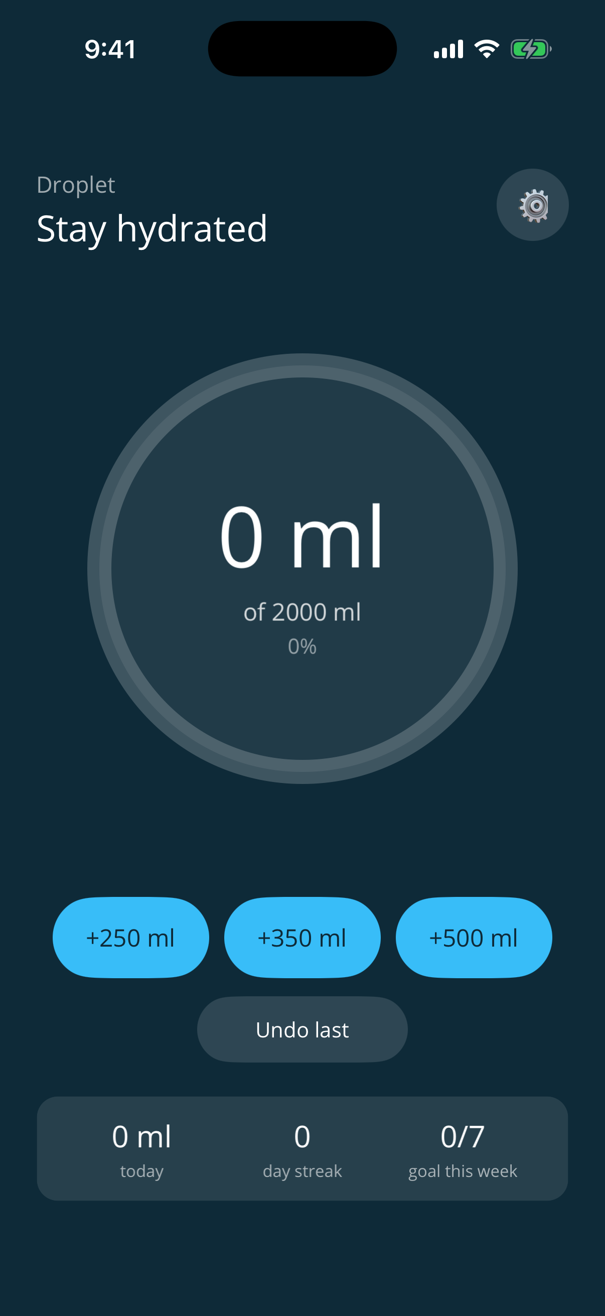Droplet: Water Tracker — home screen