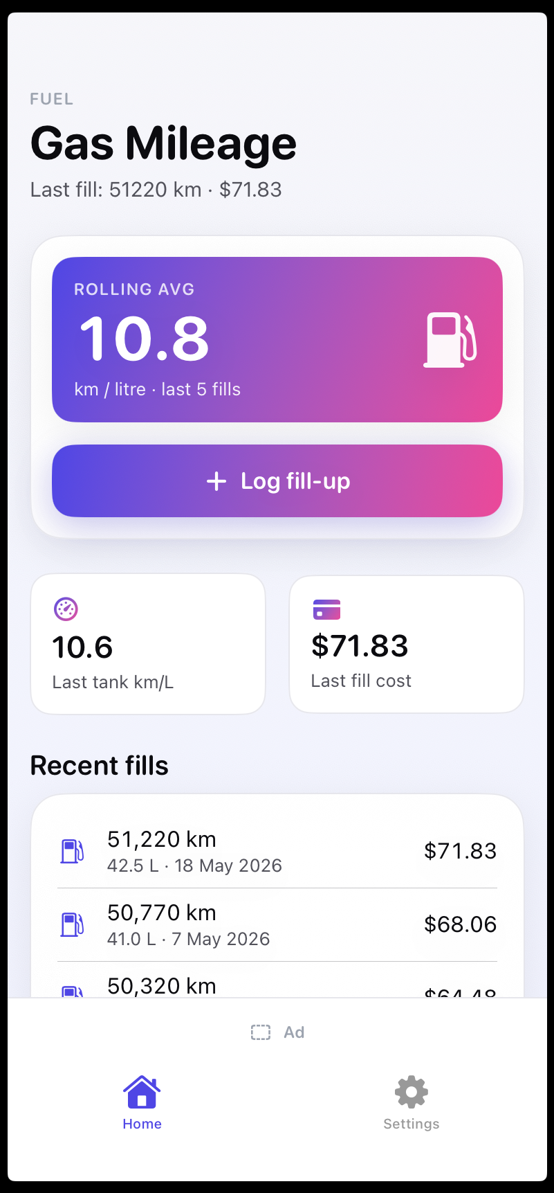 Gas Mileage — home screen