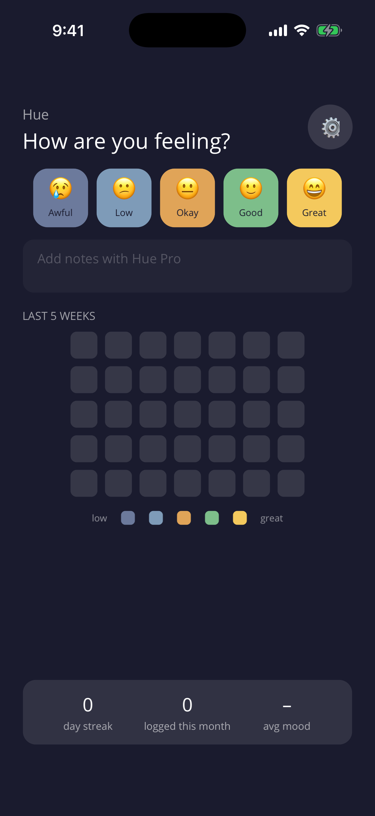 Hue: Mood Tracker — home screen