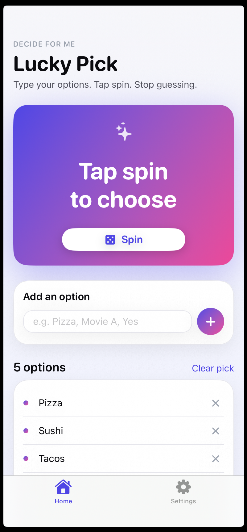 Lucky Pick — home screen
