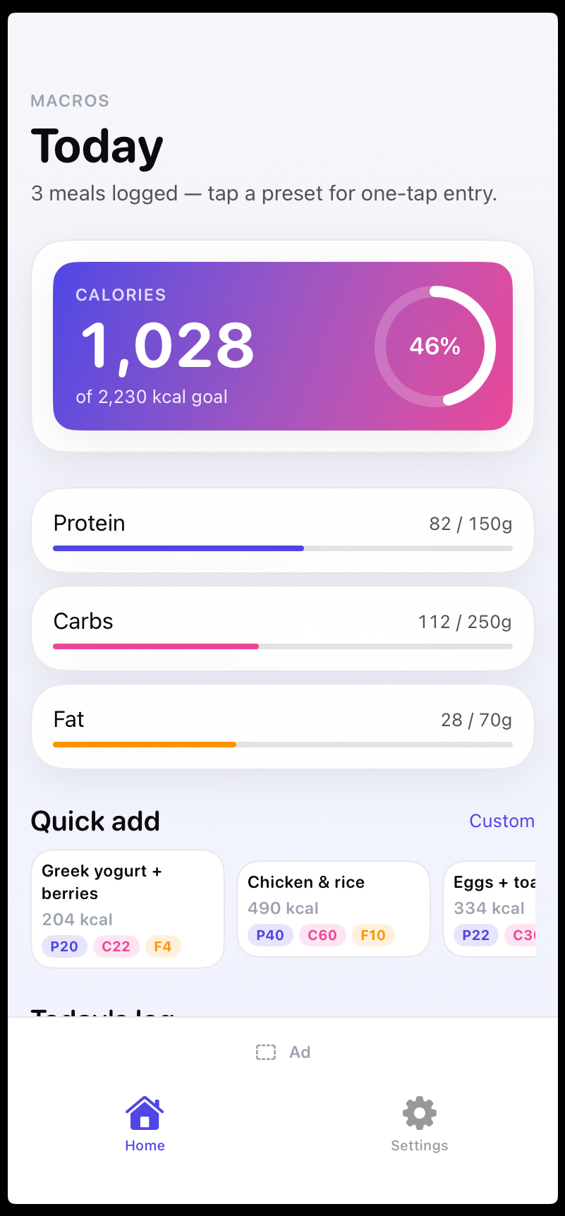 Macro Quick — home screen