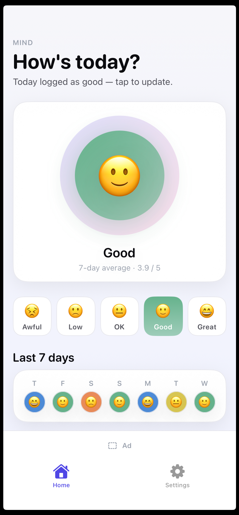 Mind Mood — home screen