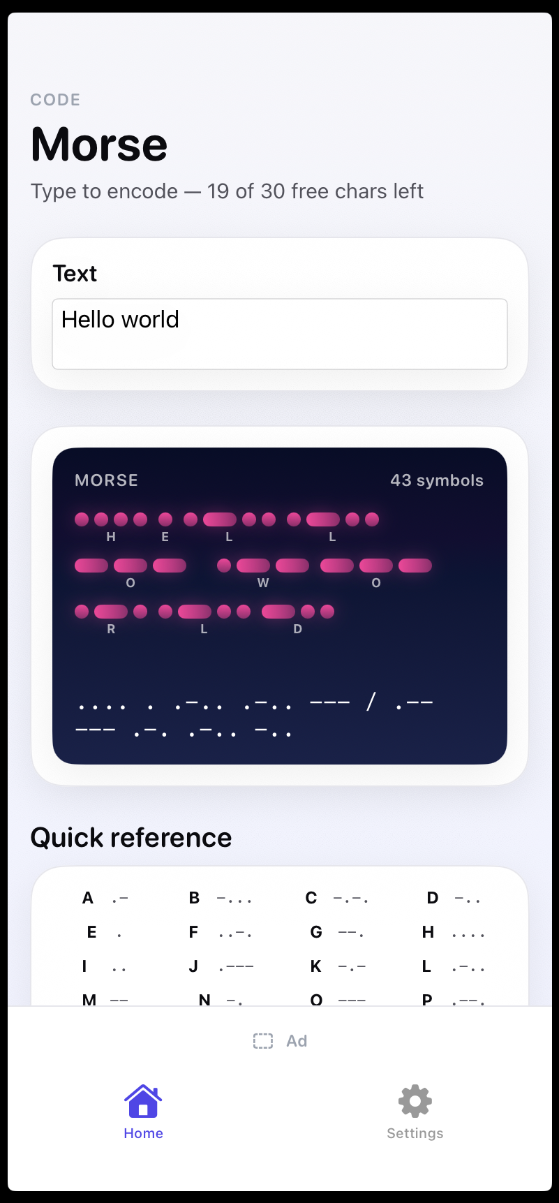 Morse Code — home screen