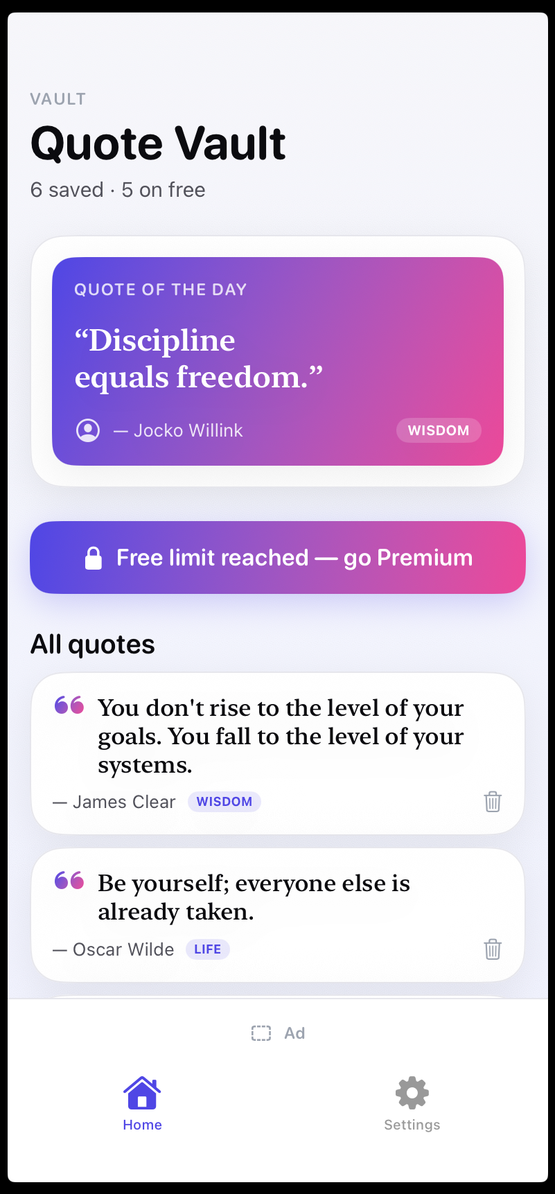 Quote Vault — home screen
