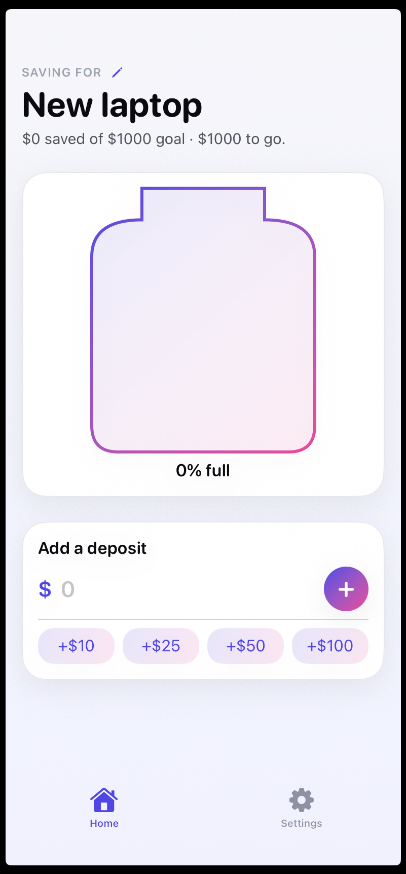 Savings Jar — home screen