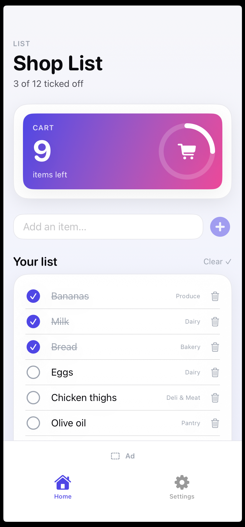 Shop List — home screen