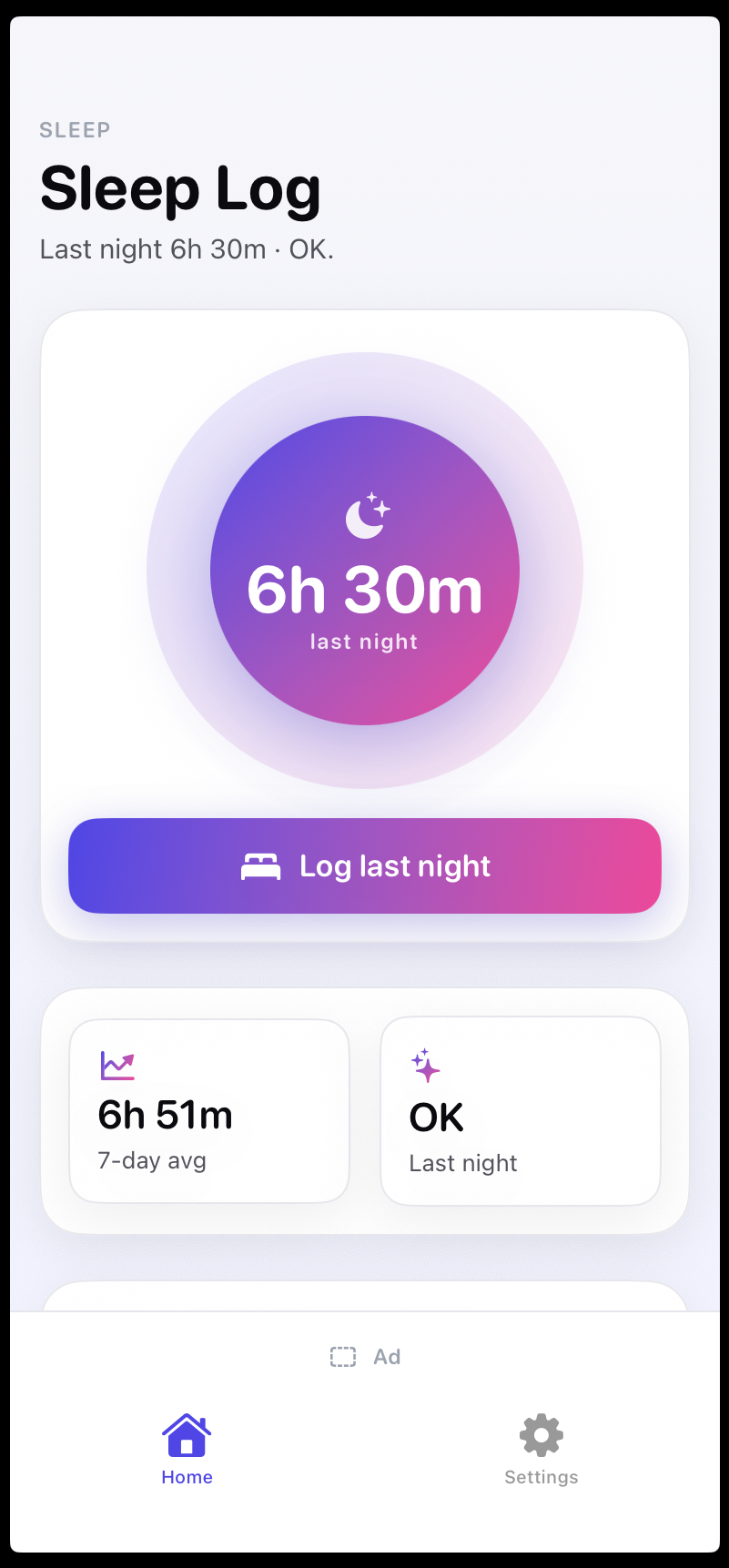 Sleep Log — home screen
