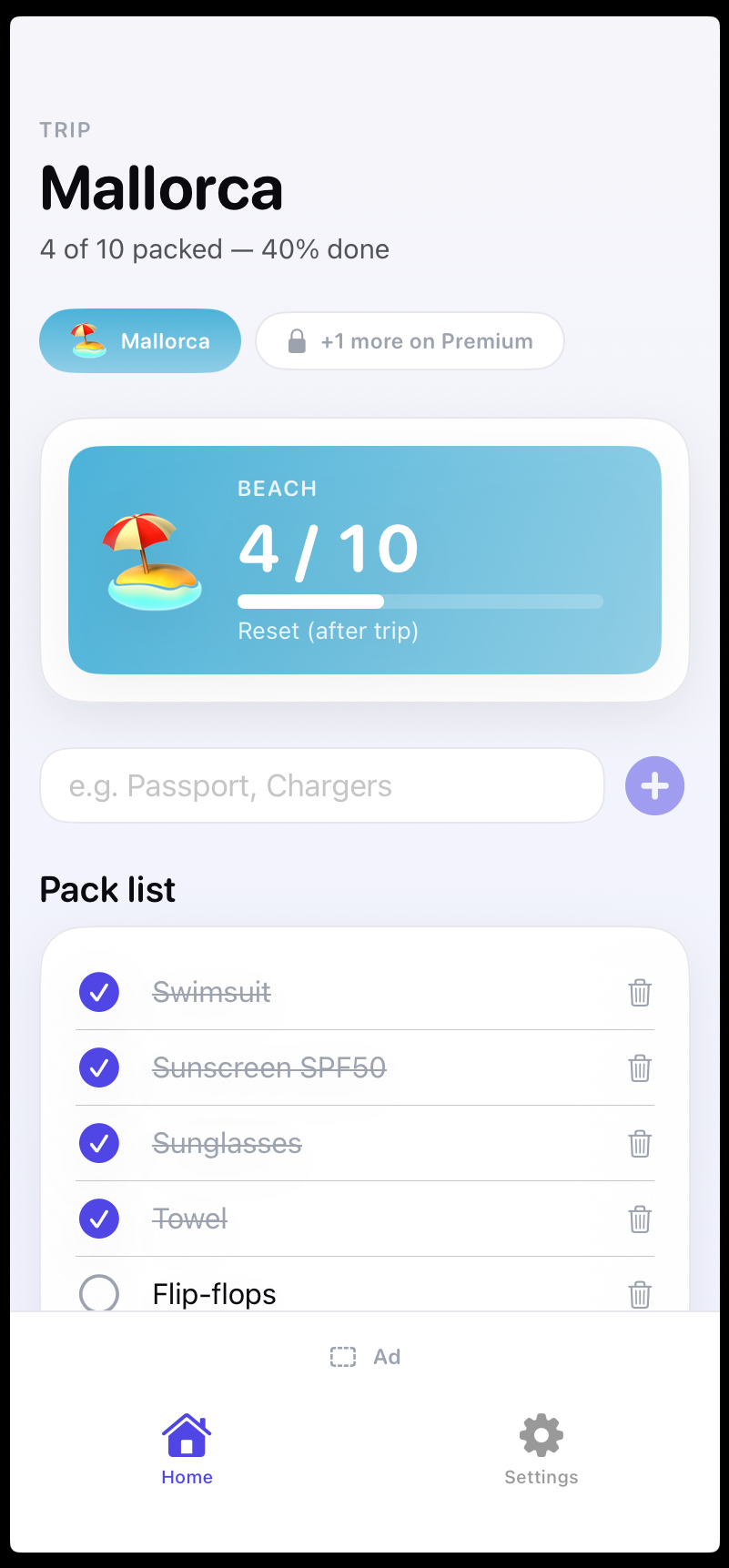 Trip Pack — home screen
