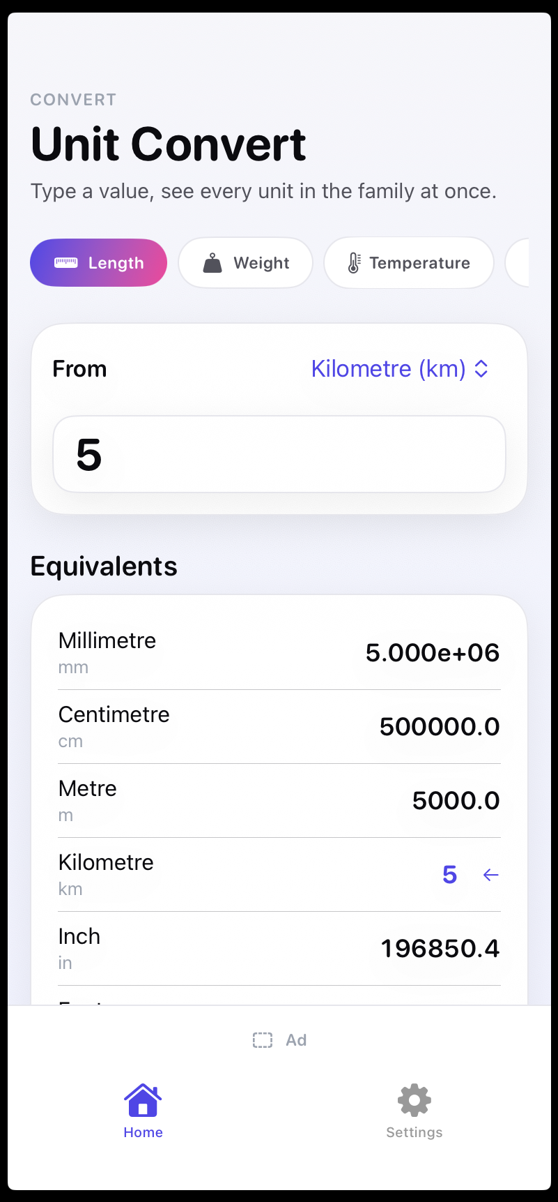Unit Convert — home screen