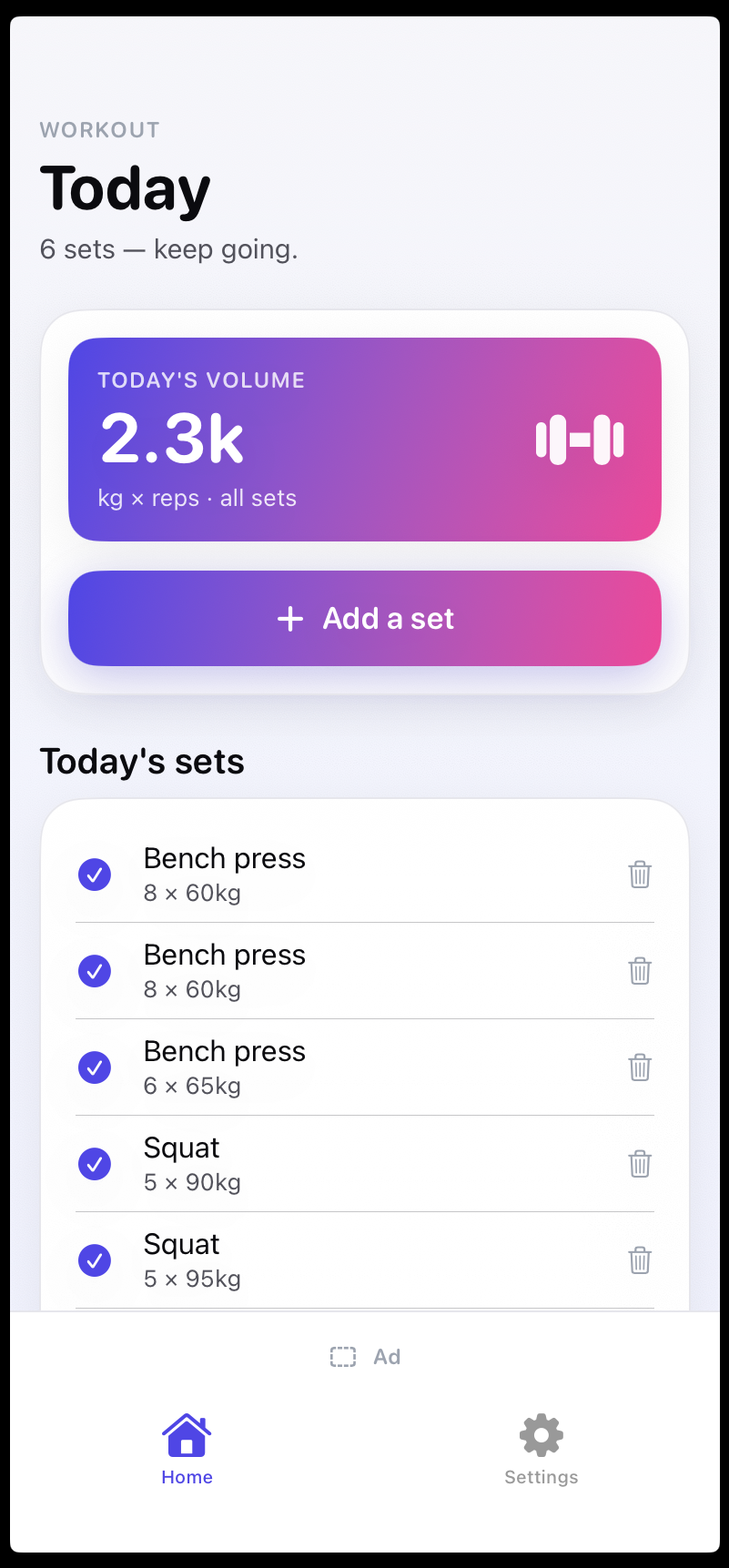 Workout Log — home screen